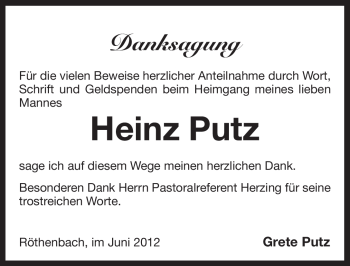 Traueranzeige von Heinz Putz von Pegnitz-Zeitung